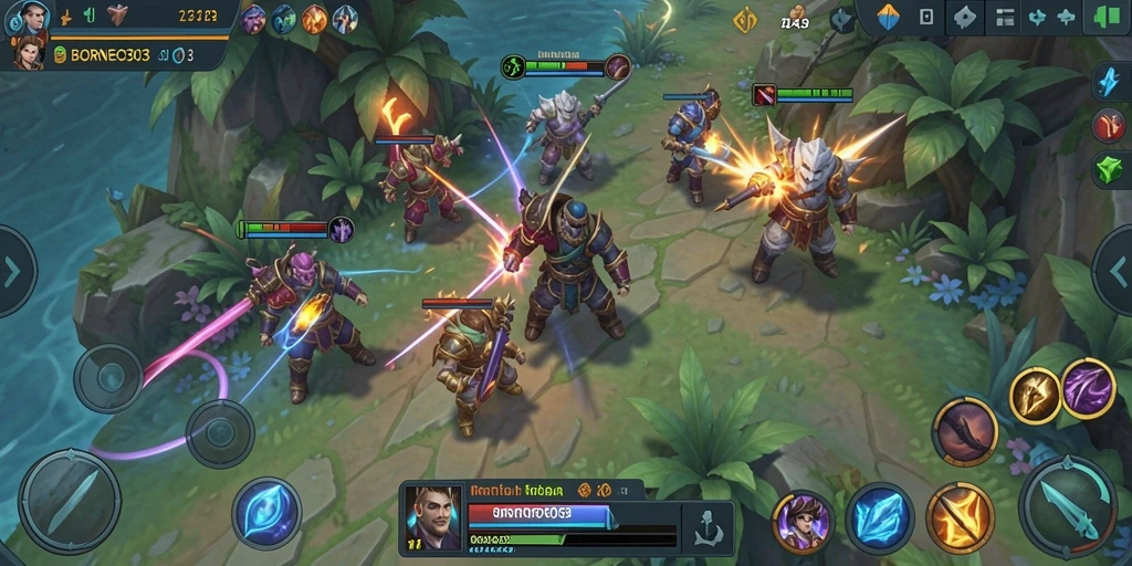 Tangkapan layar gameplay BORNEO303 menampilkan pertarungan intens di arena MOBA.