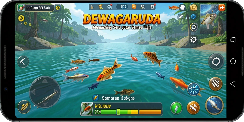 Tampilan gameplay menarik DEWAGARUDA dengan berbagai lokasi memancing.