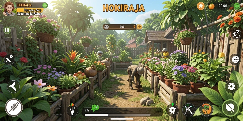 Tampilan gameplay HOKIRAJA dengan kebun yang subur dan hewan peliharaan.