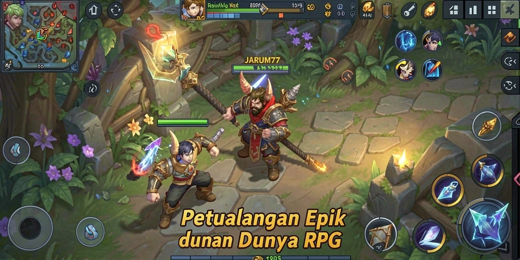 Screenshot gameplay JARUM77 menampilkan aksi petualangan RPG yang mendebarkan.