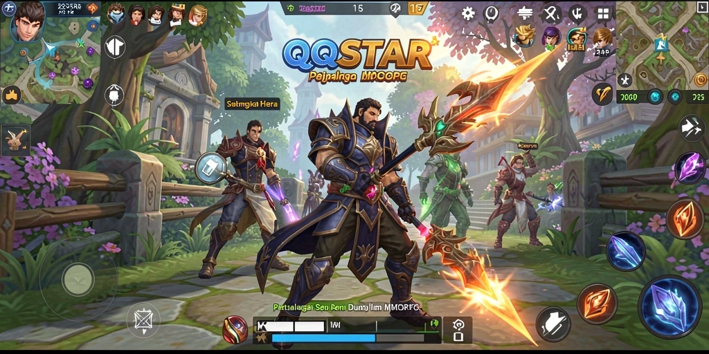 Screenshot menunjukkan aksi seru dalam gameplay MMORPG QQSTAR.