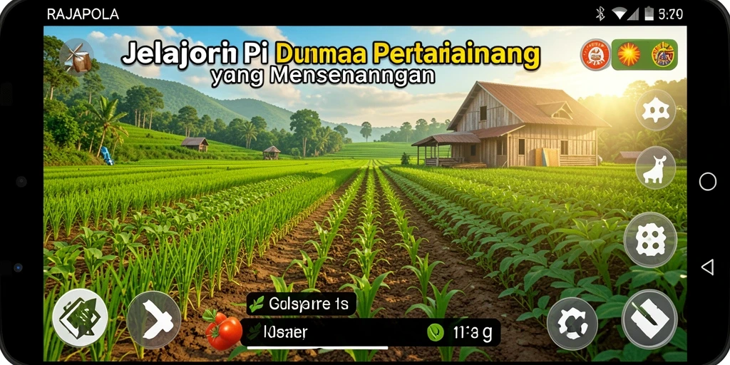 Screenshot gameplay RAJAPOLA menunjukkan ladang yang subur dan hewan ternak.