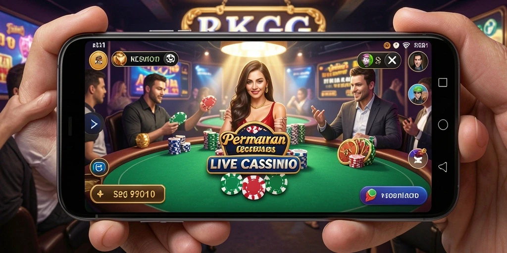Screenshot gameplay RKGG menunjukkan dealer langsung dan suasana kasino yang mendebarkan.