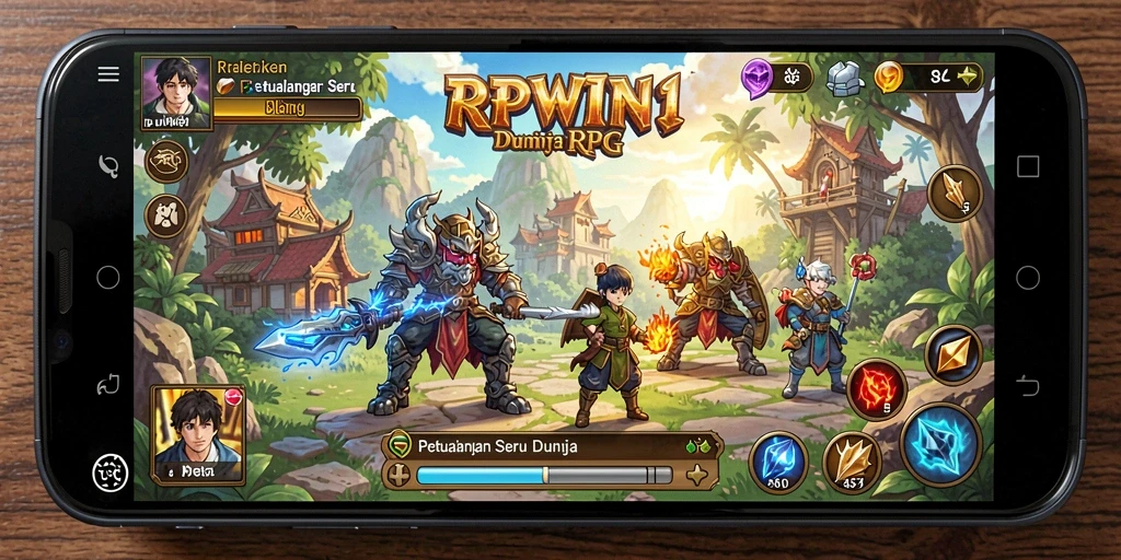 Screenshot utama RPWIN1 memperlihatkan aksi epic dalam pertarungan RPG.
